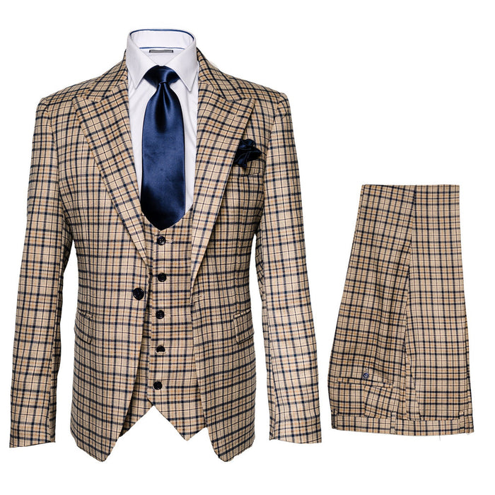 Mens Plaid Windowpane Business Suit - Tan