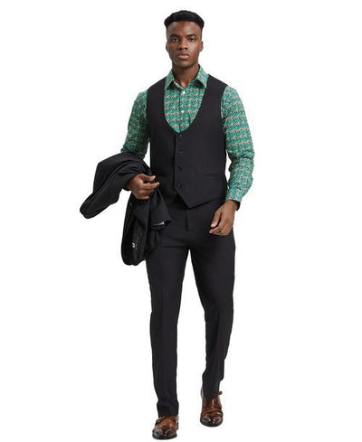 Stacy Adams Men’s Premium Black Modern Fit Three Piece One Button Peak Lapel Suit