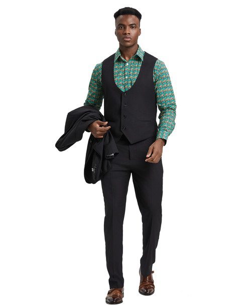 Stacy Adams Men’s Premium Black Modern Fit Three Piece One Button Peak Lapel Suit