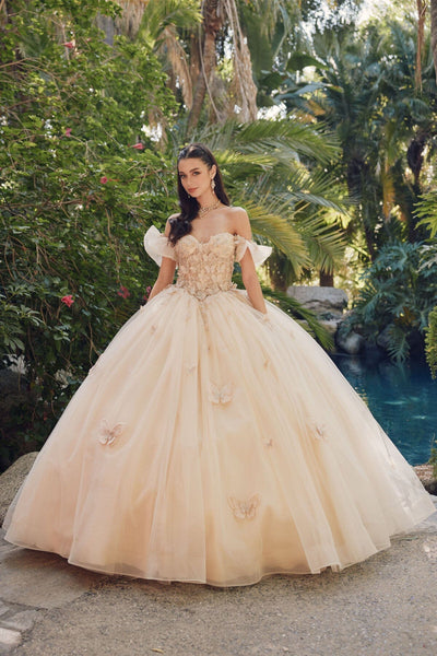 Juliet 1448J 3D Butterfly Appliqué Off Shoulder Glitter Tulle Corset Quinceanera Dress