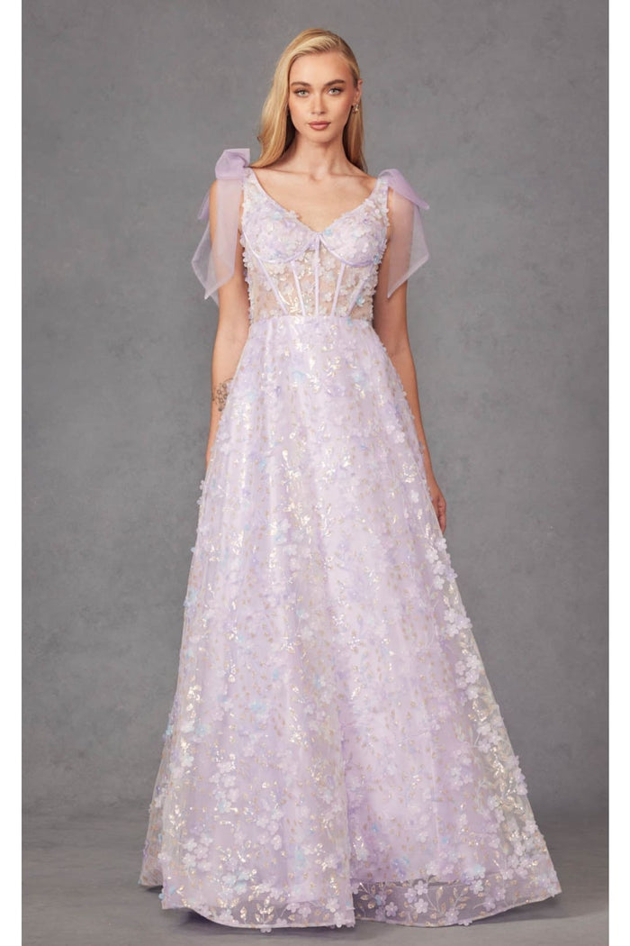 3D Floral Glitter Sleeveless A-line Gown by Juliet JT2439K