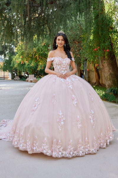 Juliet 1460J 3D Floral Appliqué Off-Shoulder Glitter Tulle Corset Quinceanera Dress
