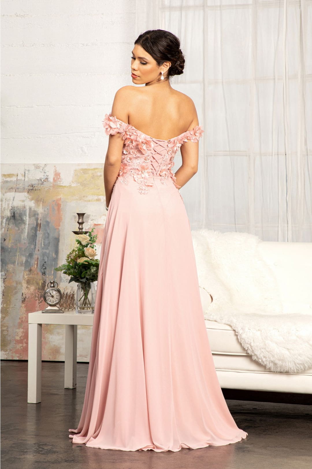 Off Shoulder Floral Chiffon Gown by Elizabeth K GL3018