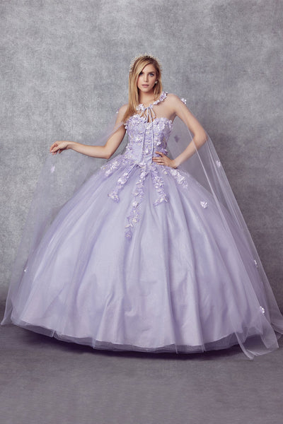 Juliet 1435 3D Floral Applique Glitter Tulle Strapless Dress