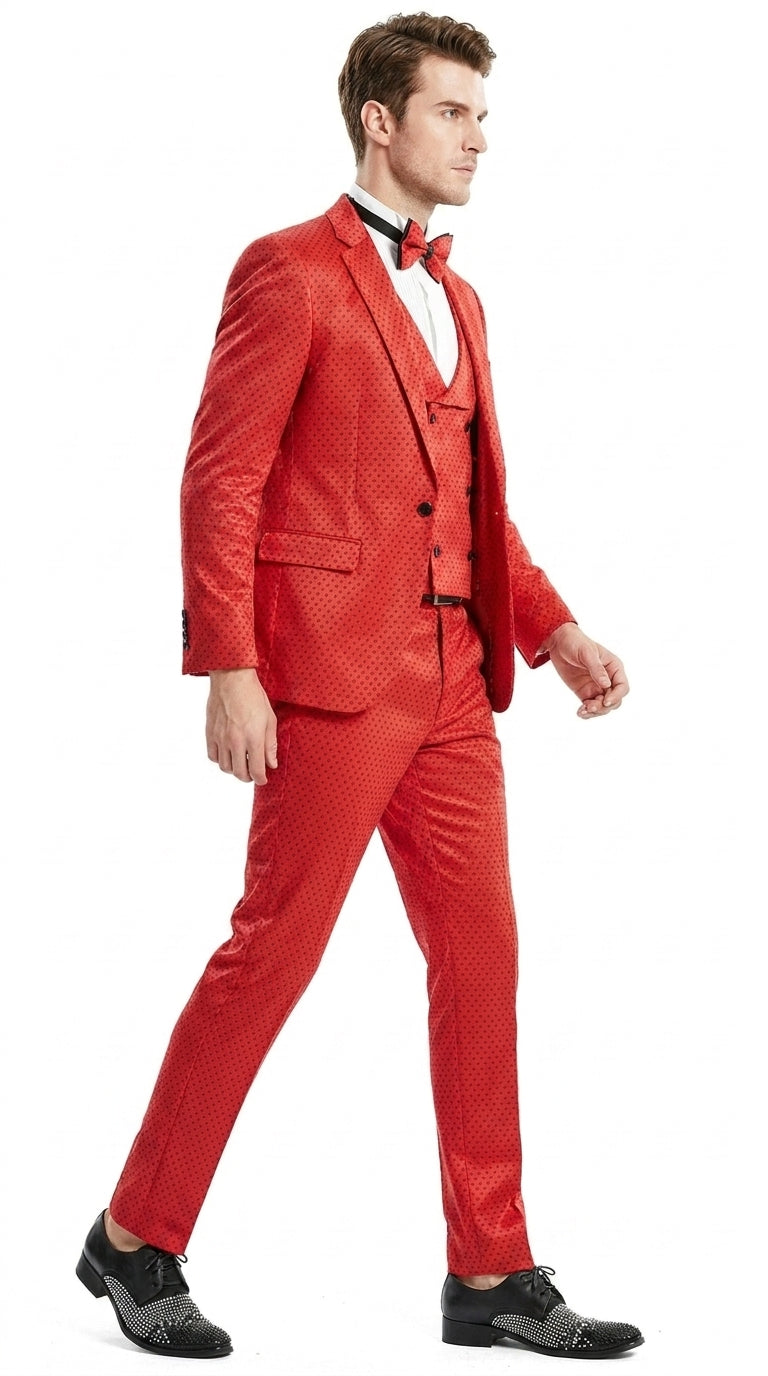 Tazio Men’s Cherry Red and Black  Polka-Dot 3-Piece Suit – Skinny Fit Prom, Wedding and Party Suit or Tuxedo