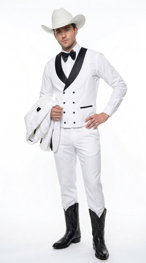Men’s White and Black Western Wedding Tuxedo – Cowboy Style 3-Piece Traje para Boda with Double-Breasted Vest