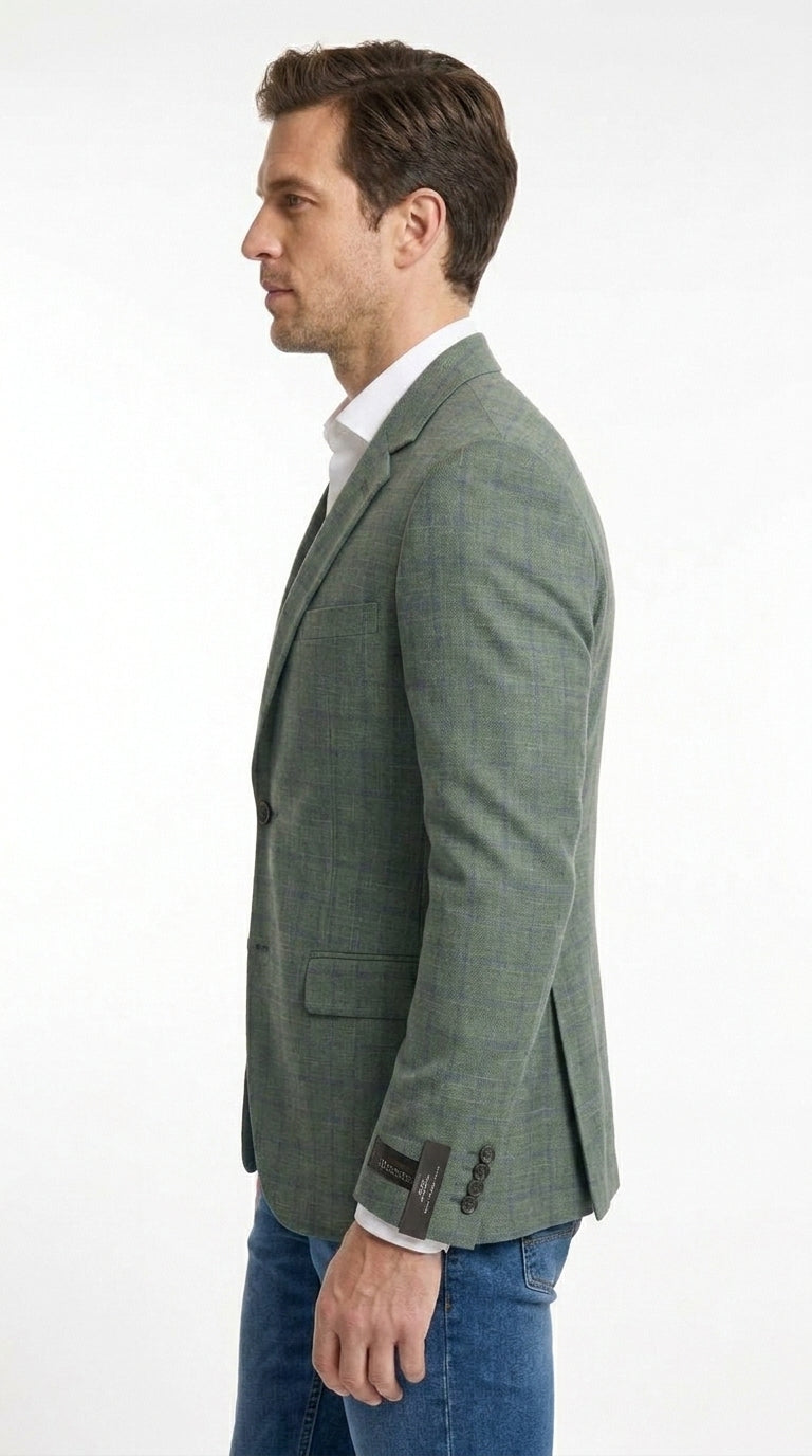 Men’s Sage Green Windowpane 2-Piece Suit – Modern Fit Plaid Wedding, Business and Formal Suit