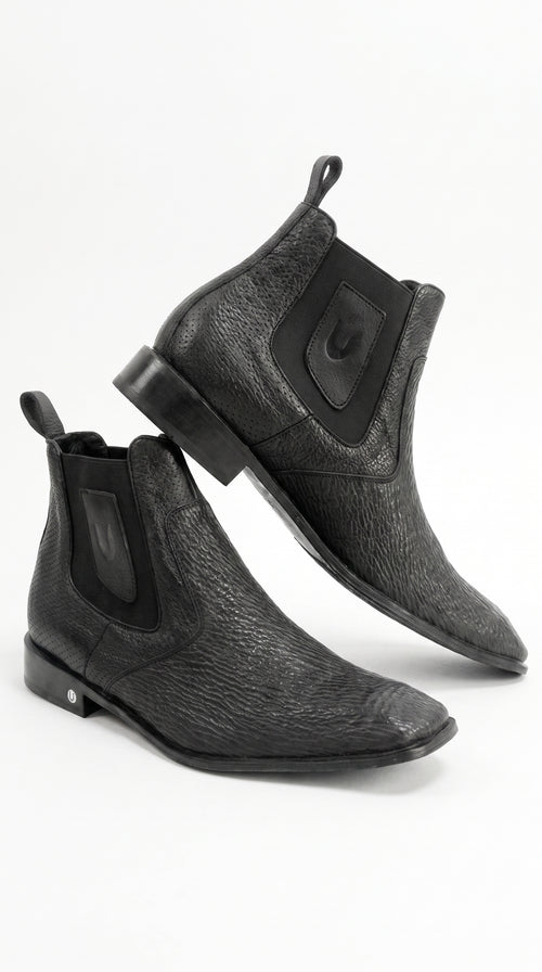 Men’s Shark Skin Cowboy Boots – Black Exotic Leather Western Chelsea Ankle Boots by Vestigium