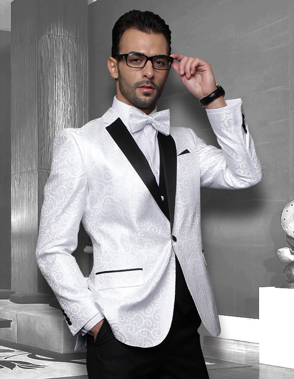 Mens Vested Swirl Patter Notch Lapel Tuxedo in White by Statement