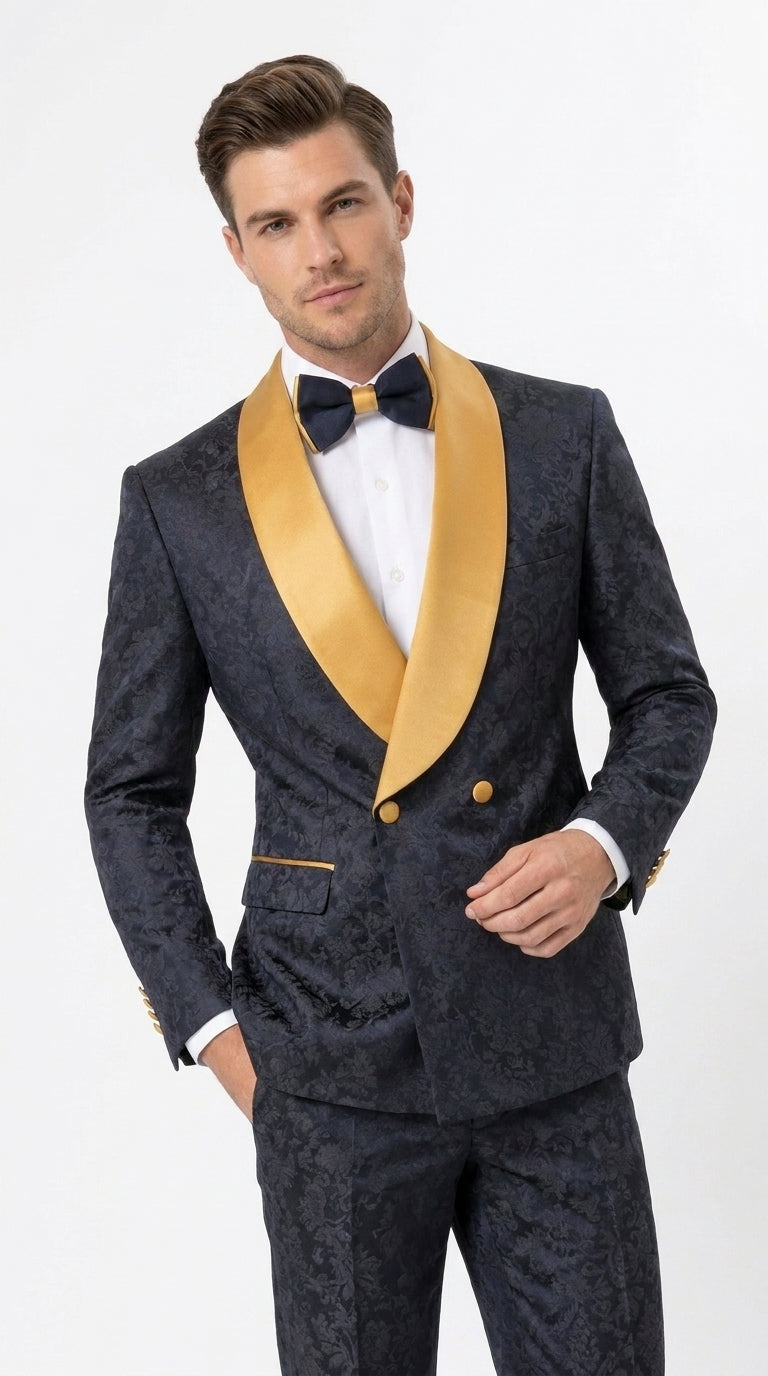 Men’s Black and Gold Hollywood Tuxedo – Double-Breasted Shawl Lapel Prom, Wedding and Formal Suit