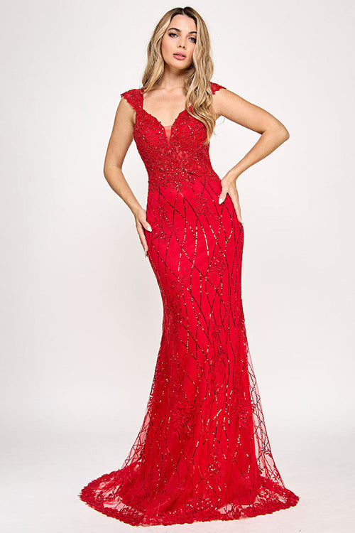 Beaded Lace Mermaid Gown with Sheer Bodice and Lace-Up Back By Lenovia 8350