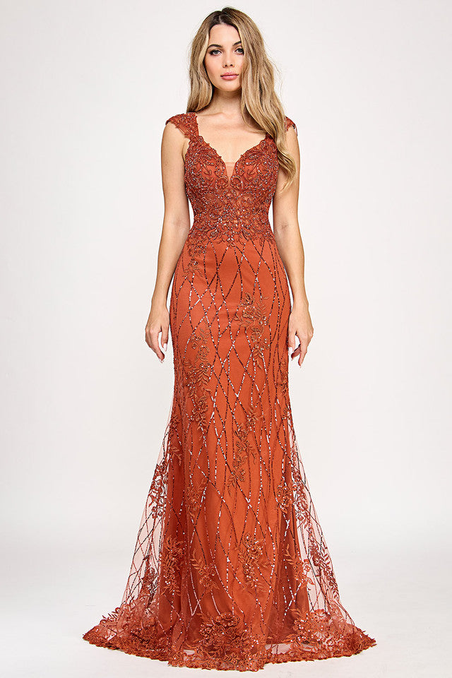 Beaded Lace Mermaid Gown with Sheer Bodice and Lace-Up Back By Lenovia 8350