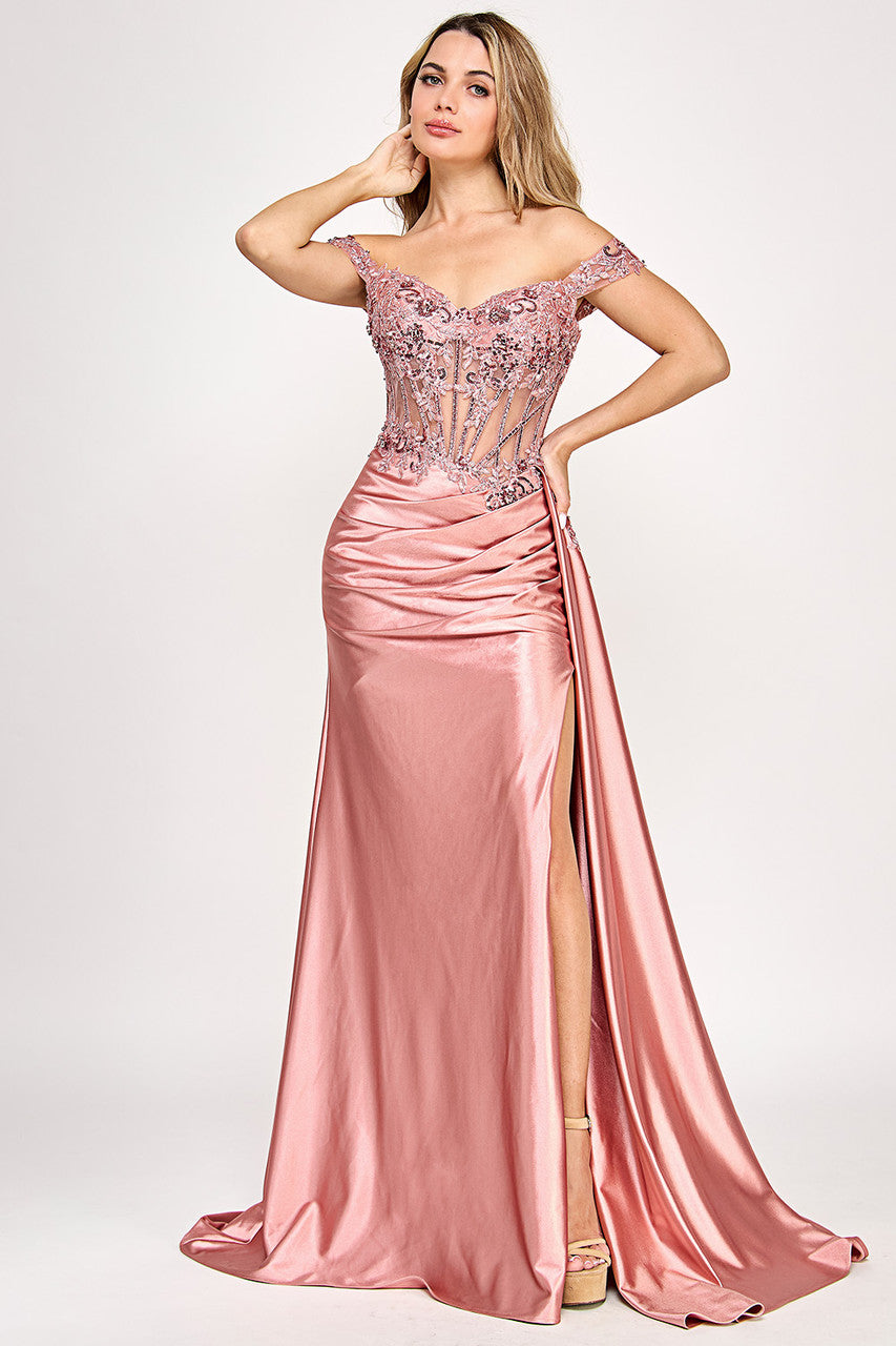Off Shoulder Satin Evening Gown with Lace Corset Bodice High Slit & Lace-Up Back by Lenovia 8360