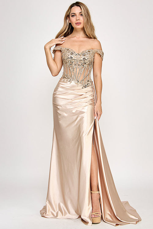 Off Shoulder Satin Evening Gown with Lace Corset Bodice High Slit & Lace-Up Back by Lenovia 8360
