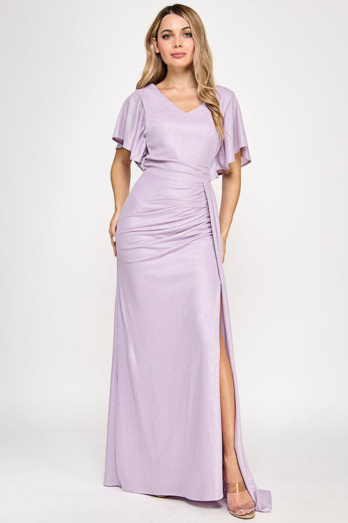 Metallic Glitter Flutter Sleeve Gown with Ruched Waist and High Slit Formal Evening Dress By Lenovia 5329