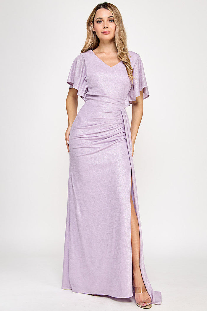 Metallic Glitter Flutter Sleeve Gown with Ruched Waist and High Slit Formal Evening Dress By Lenovia 5329