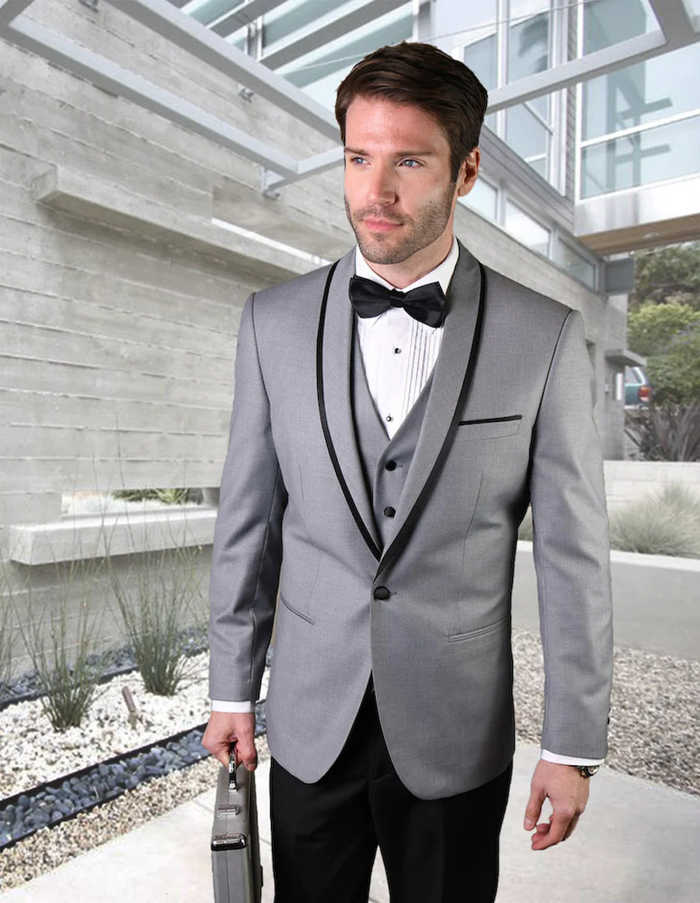 Designer Gray Prom Tuxedo - Grey Wedding Suit in Shawl Lapel