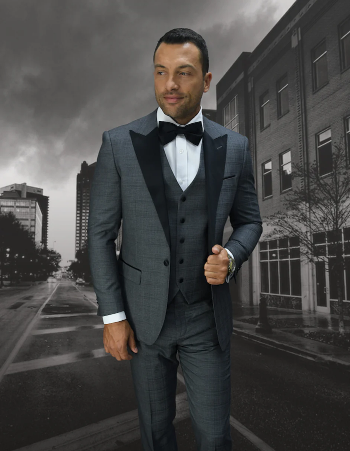 Gray Prom Suit - Mens 1 Button Peak Lapel Vested Grey Wool Tuxedo