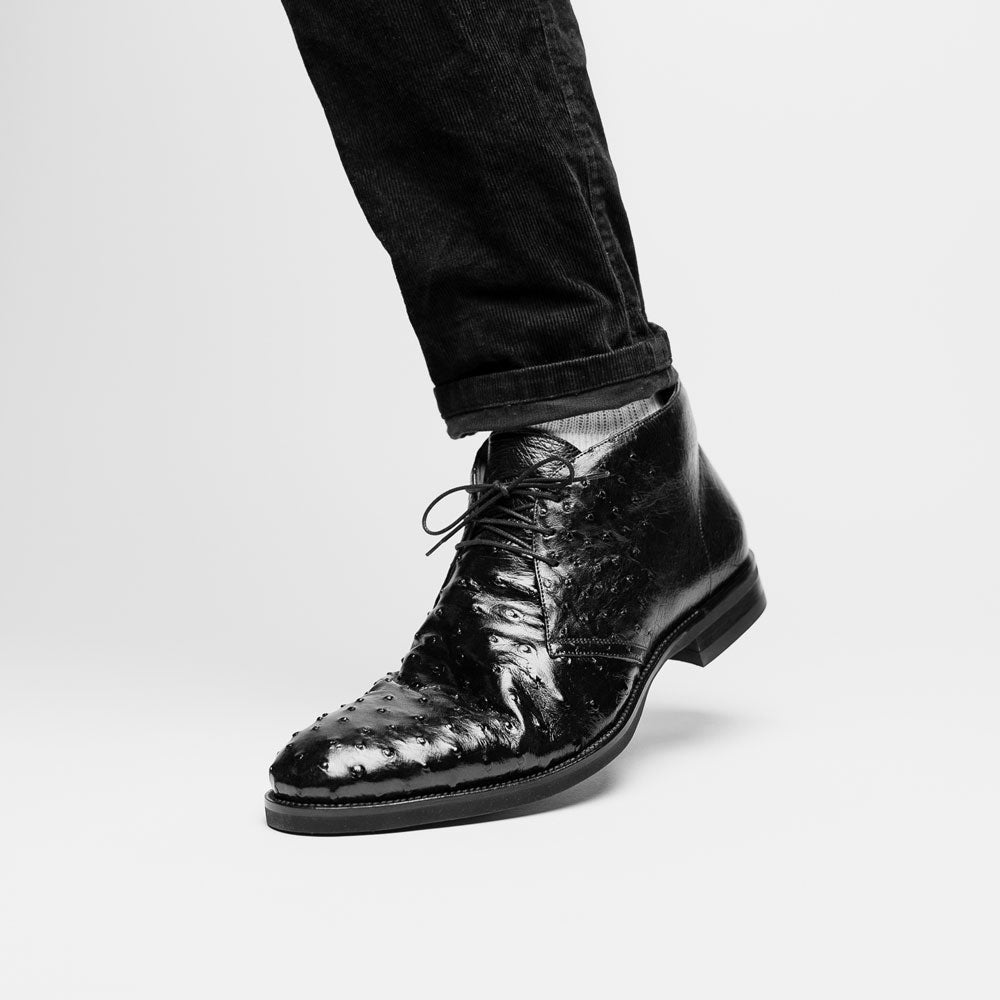 Zelli Marco Genuine Ostrich Quill Lace-Up Chukka Boots in Black