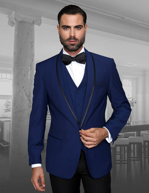 Mens Vested Wool Tuxedo in Shawl Lapel with Satin Trim in Sapphire Blue & Black by Statement