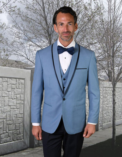 Mens Vested Wool Tuxedo in Shawl Lapel with Satin Trim in Steel Blue & Black by Statement