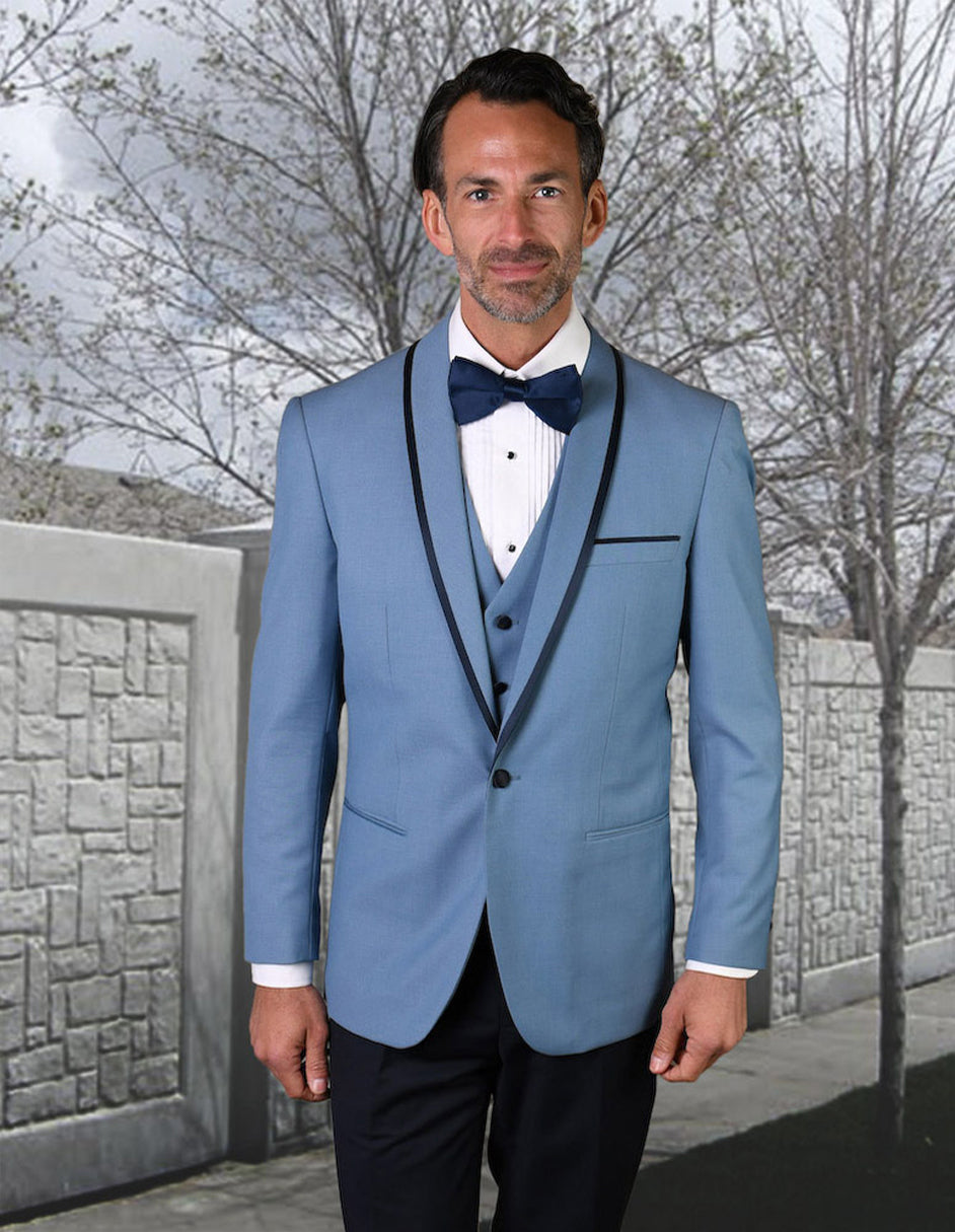 Mens Vested Wool Tuxedo in Shawl Lapel with Satin Trim in Steel Blue & Black by Statement