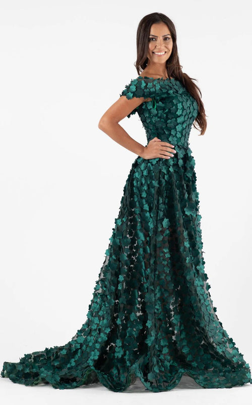 Jessica Angel JA453 Off-Shoulder A-Line Train Prom 3D Floral Mesh Dress