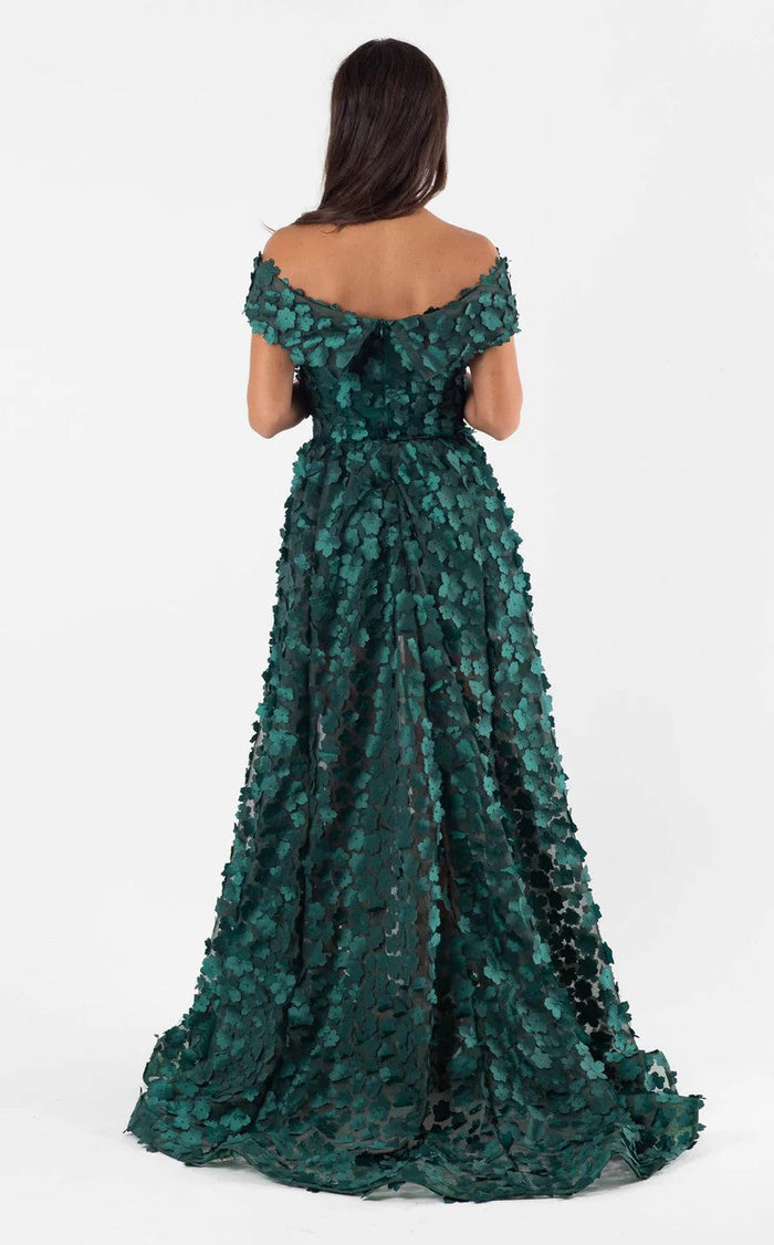 Jessica Angel JA453 Off-Shoulder A-Line Train Prom 3D Floral Mesh Dress