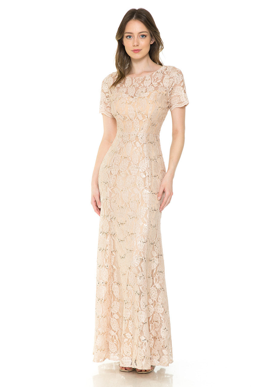 Lenovia 5241 Sequin Lace Illusion Short Sleeve Dress with Fitted Silhouette