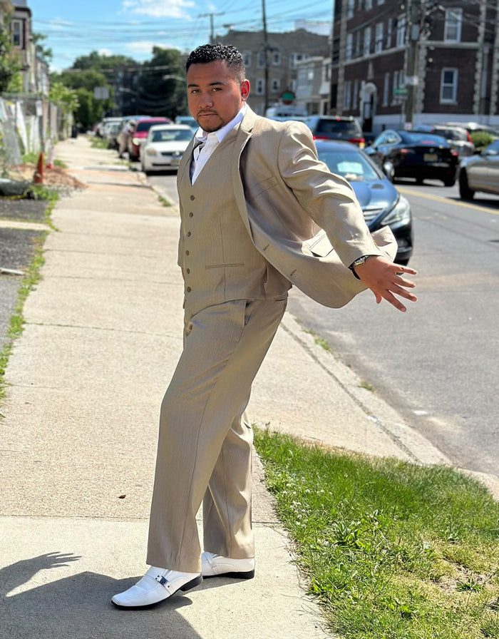 Men's Textured Sharkskin Business Suit in Stone Tan by Tazio Suits