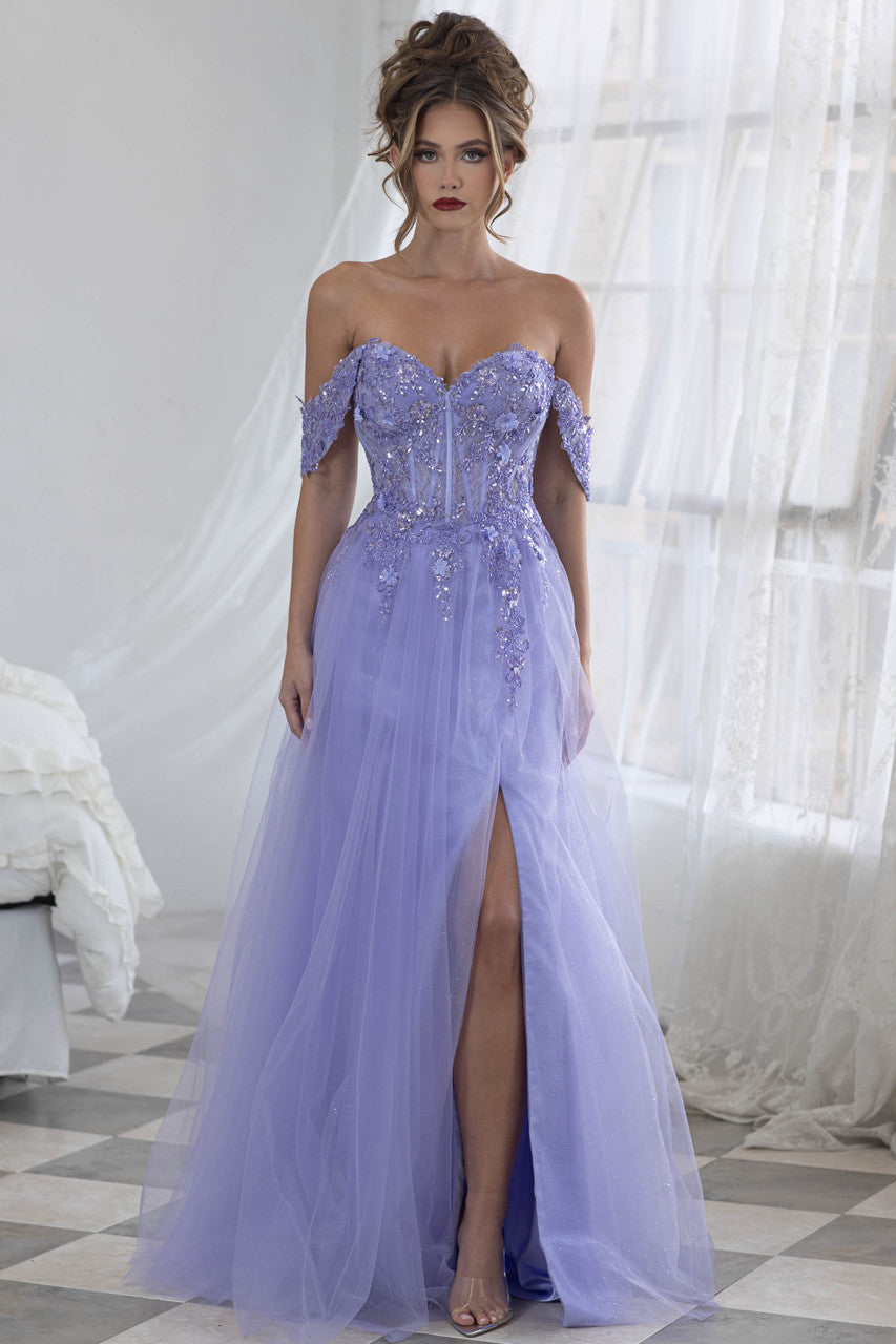 Lenovia 8399 Embroidered Mesh Strapless Off-Shoulder A-line Dress