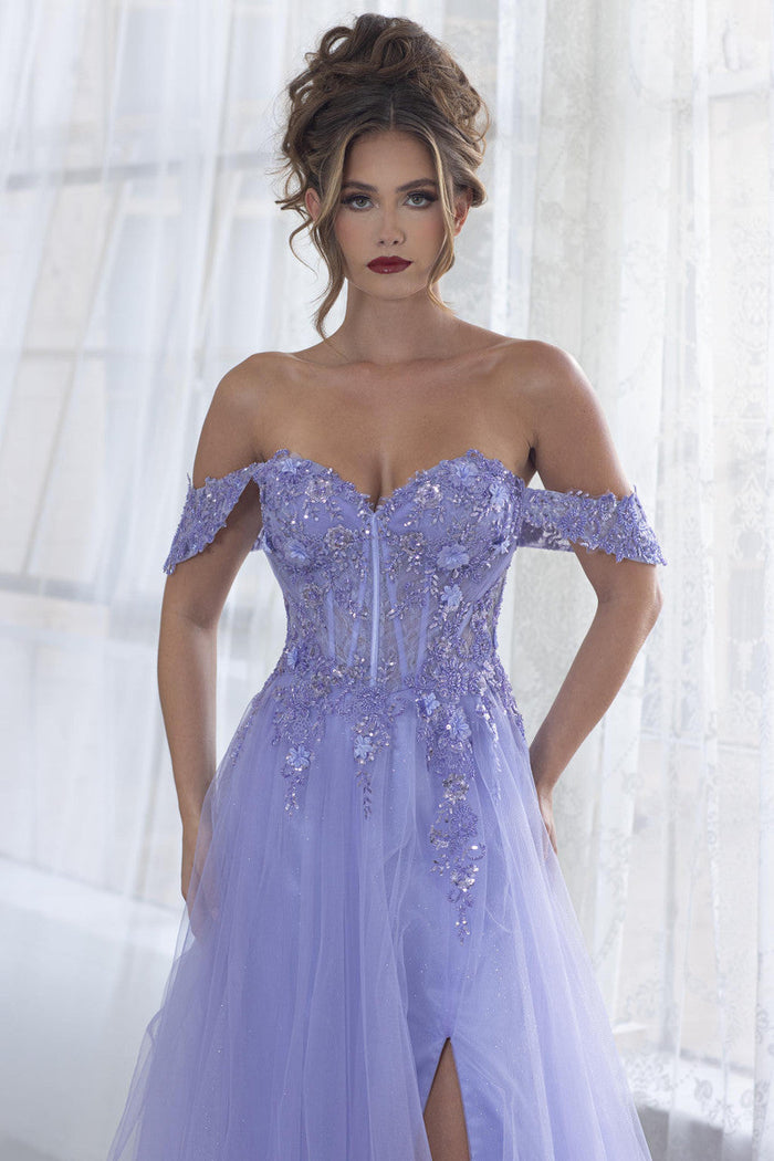 Lenovia 8399 Embroidered Mesh Strapless Off-Shoulder A-line Dress