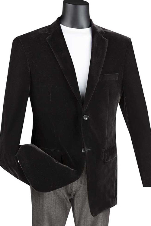 Mens Modern Fit 2 Button Velvet Blazer in Black by Vinci