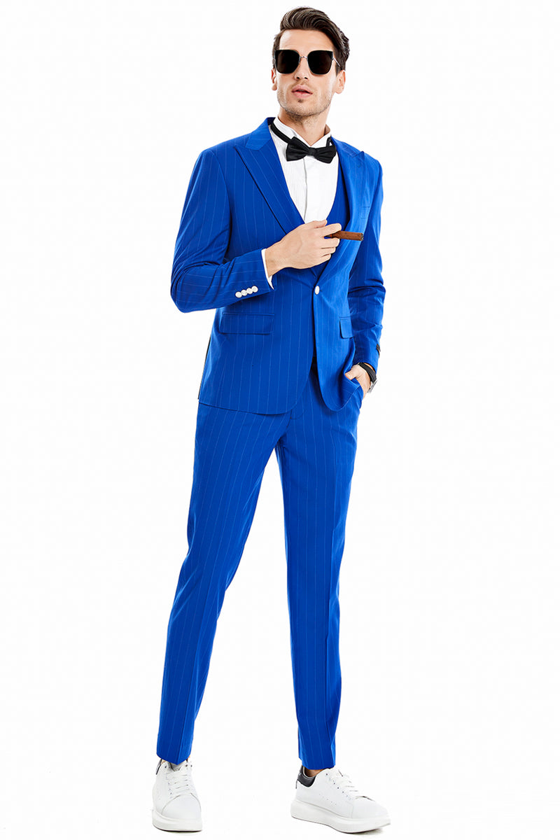 Men's Royal Blue Vested Pinstripe Suit by Tazio Suits