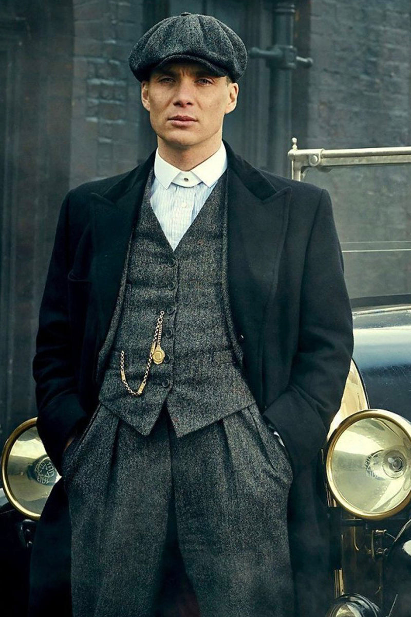 Mens Peaky Costume Thomas Shelby Grey 3 Piece Suit with Black Overcoat & Hat – SuitUSA