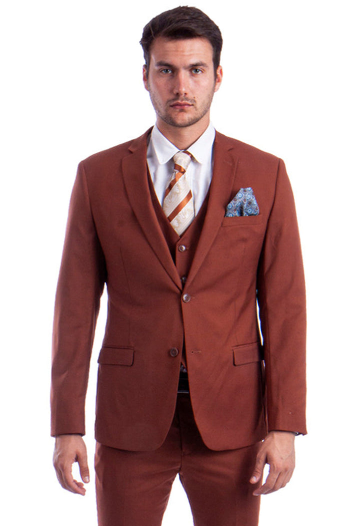Graduation Suit - Men's Two Button Slim Fit Vested Solid Basic Color Suit in Light Brown Rust by Sean Alexander