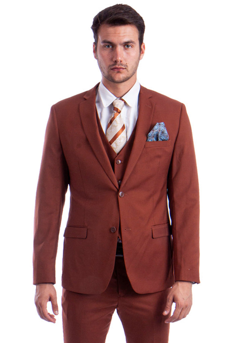 Graduation Suit - Men's Two Button Slim Fit Vested Solid Basic Color Suit in Light Brown Rust by Sean Alexander