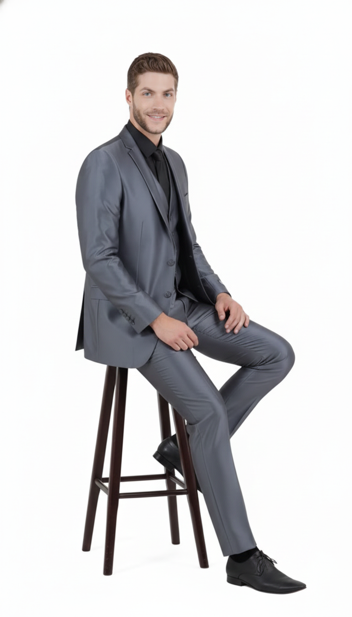 Men’s Dark Grey Shiny Two-Piece Suit - Slim Fitted Formal Jacket and Tailored Pants - Sateen Metalic in Charcoal Gray Color - USA Men's Outlet