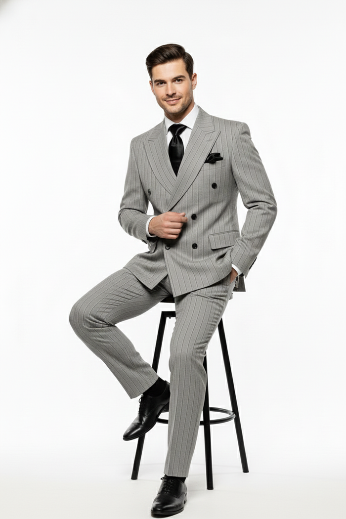 Men’s Grey and Black Pinstripe Double-Breasted Suit - 1920s Gangster Vintage Looking suit By Rossiman USA Men's Outlet