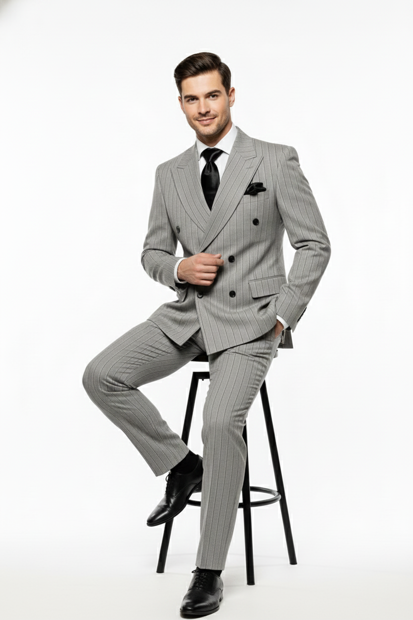 Men’s Grey and Black Pinstripe Double-Breasted Suit - 1920s Gangster Vintage Looking suit By Rossiman USA Men's Outlet
