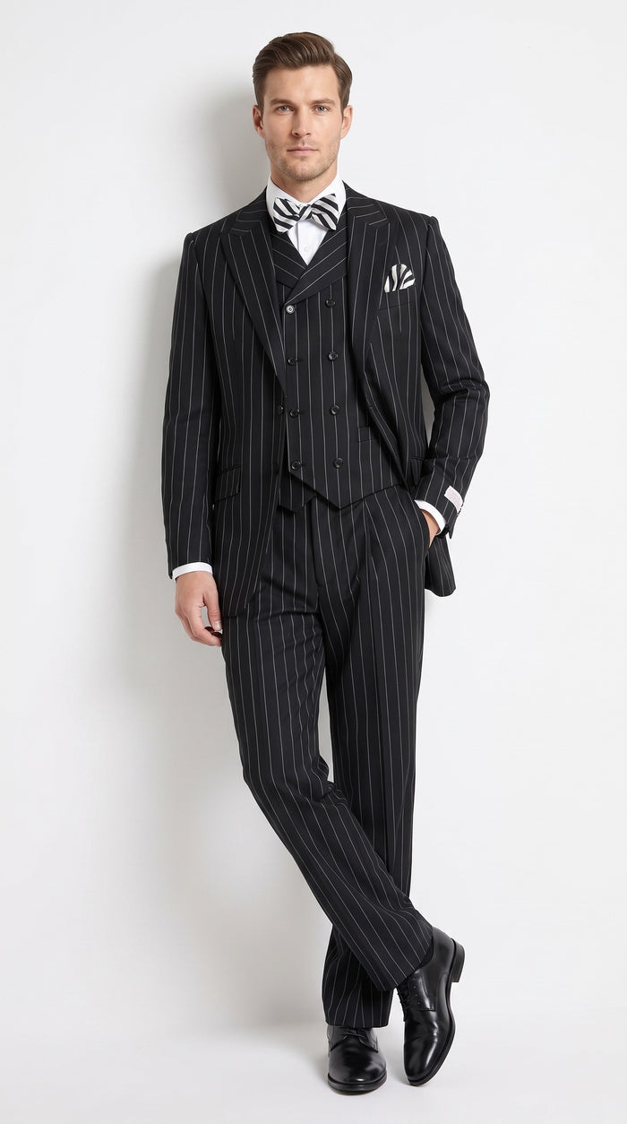 Men’s Black Pinstripe 3-Piece Suit Wool Suit  – Classic Fit Single Button Suit with Wide Leg Pleated Pants By Tiglio Russo