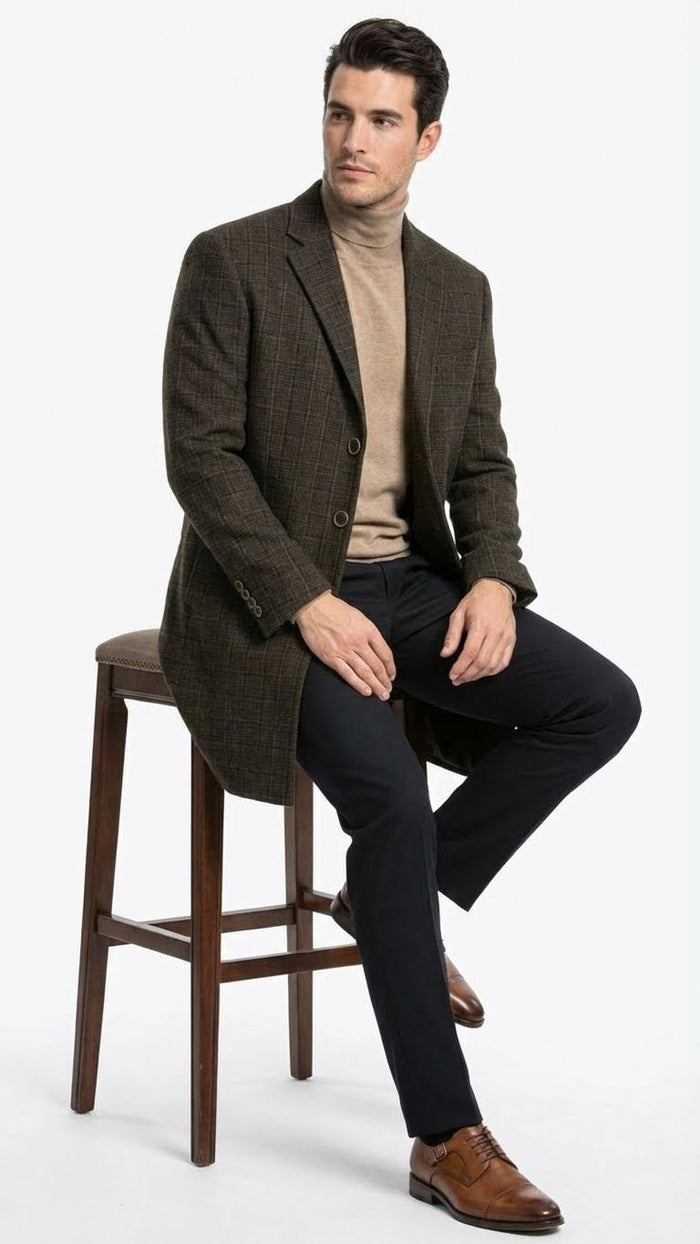 Men’s Brown Checkered Wool Overcoat - Long Winter Coat with Classic Plaid Pattern By Statement USA Men's Outlet