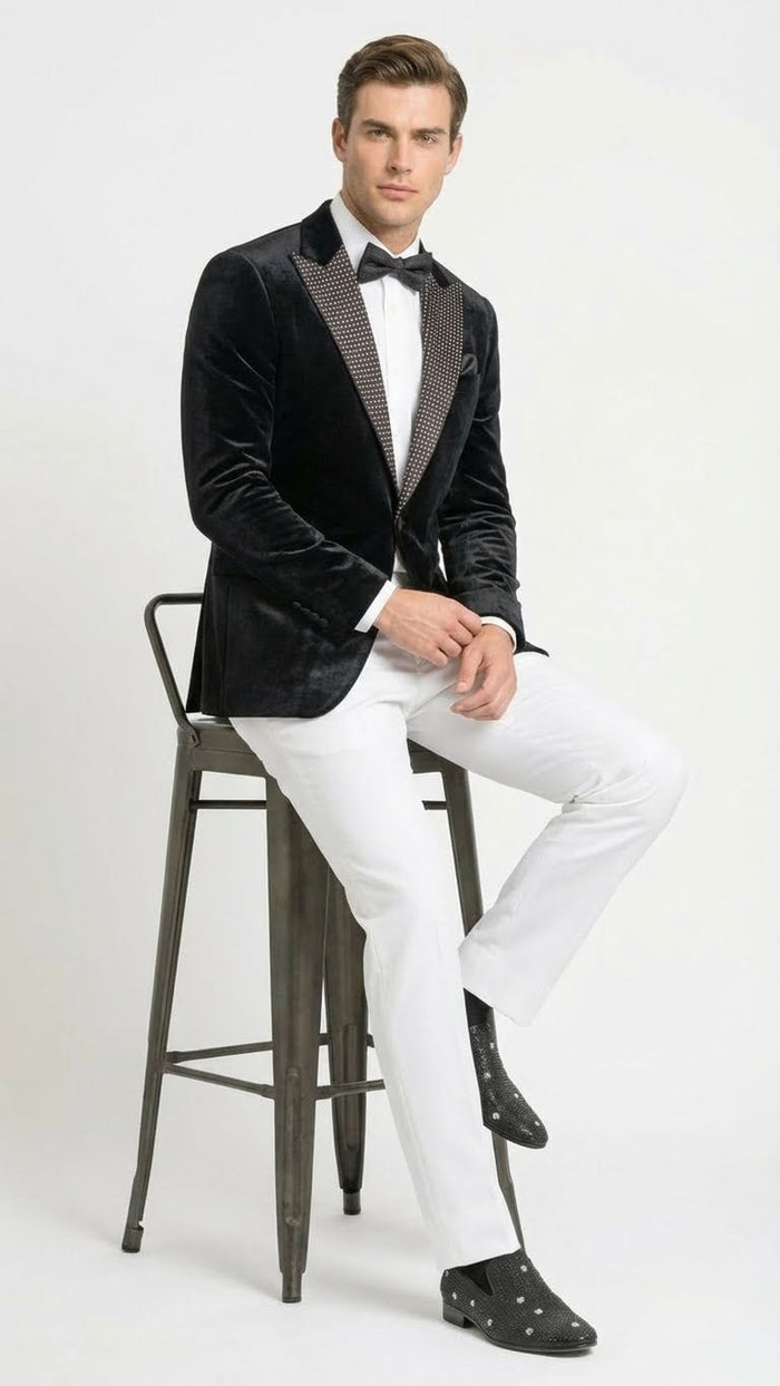 Men’s Black Velvet Tuxedo Blazer with Studded Lapel - Formal Evening Jacket by USA Men's Outlet