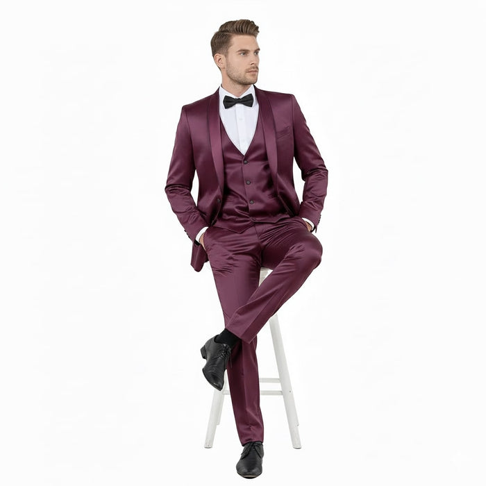 Mens Sateen Shiny Burgundy Slim Fit Tuxedo - Satin Shawl Lapel 3-Piece Suit by USA Men's Outlet