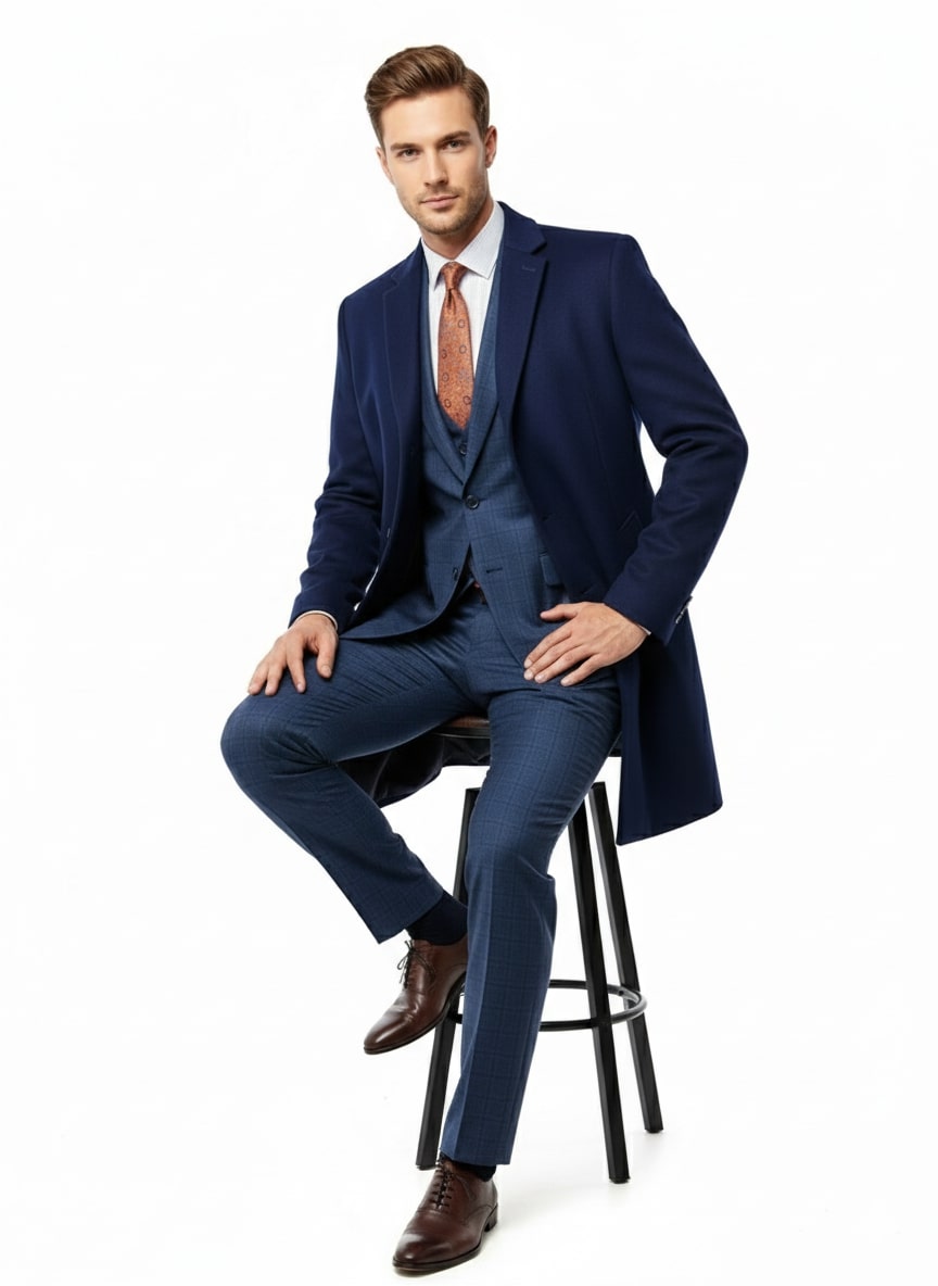 Mens Cobalt Blue Wool and Cashmere Car Coat Overcoat - Classic Winter Topcoat for Indigo Saphire Color (light Navy Dark Royal) by USA Men's Outlet