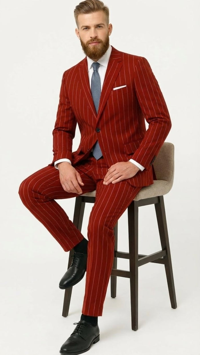 Men’s Red Pinstripe Suit - Stripe Two-Button Vested Suit 2 Buttons by USA Men's Outlet