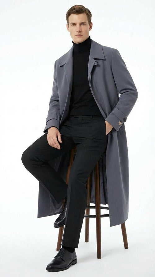 Men’s Full-Length Charcoal Grey Overcoat – Premium Microfiber Blend Long Dress Coat for Winter and Formal Wear in Gray Color