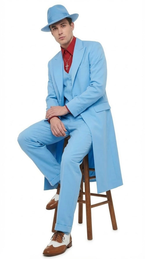 Men’s Light Blue 1920s Zoot Suit - Long Mafia Gangster Three-Piece Vintage Costume Set in Baby Powder Blue Color - Prom Wedding Suit by USA Men's Outlet
