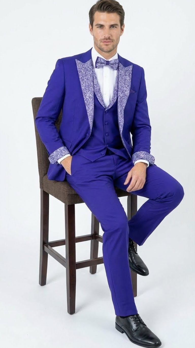 Men’s Purple and white sivler lapel  Embellished Tuxedo Suit –  Formal Wedding, Prom, and Gala Outfit Mardi Gras