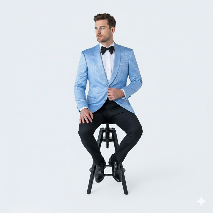 Men’s Light Blue Paisley Tuxedo Jacket - Elegant Satin Shawl Lapel Dinner Blazer for Weddings, Proms in Sky Powder Blue Color Bowtie by USA Men's Outlet
